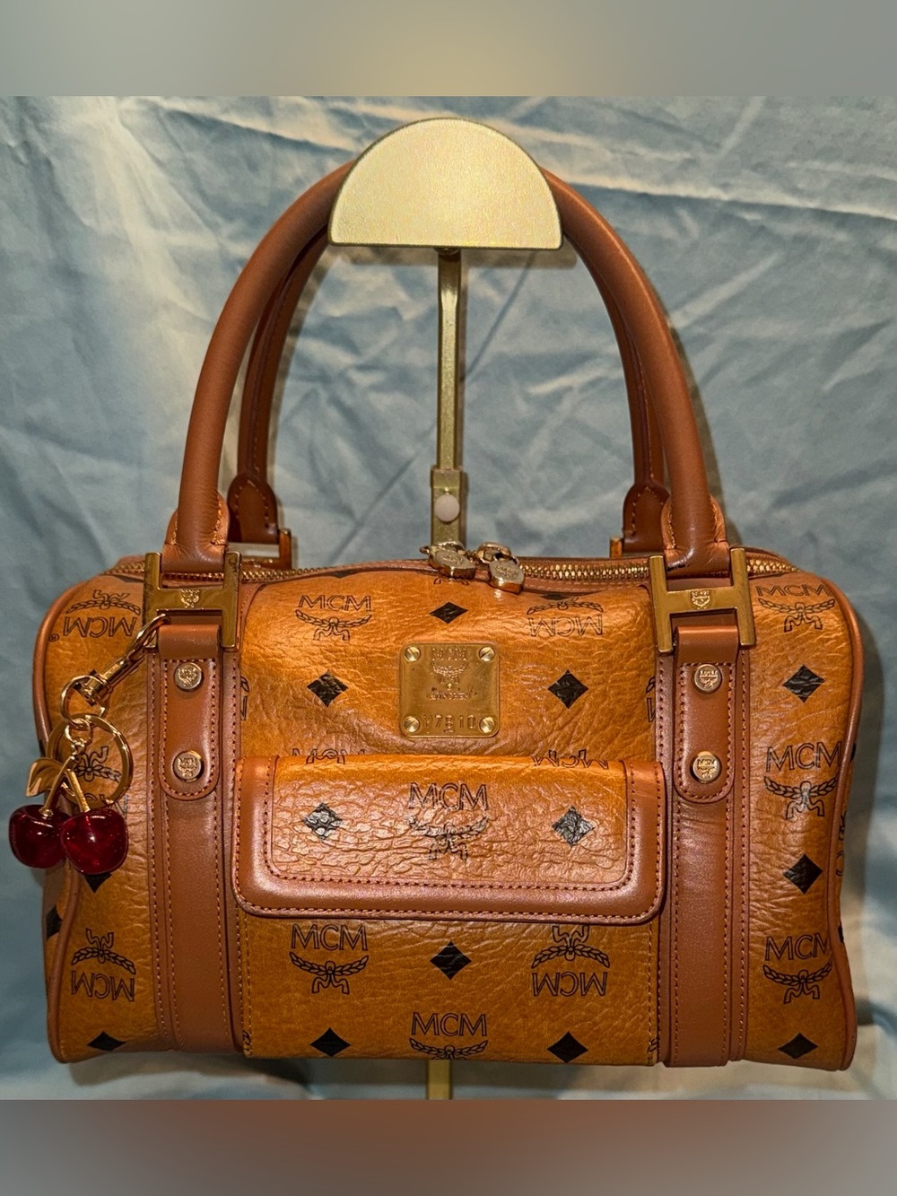 MCM Authentic Cognac Logo Visetos Boston Satchel with Gold Hardware